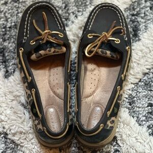 Womens Sperry Top Spider Boat Shoes | Black & Leopard Print | Size 9M | 9101882